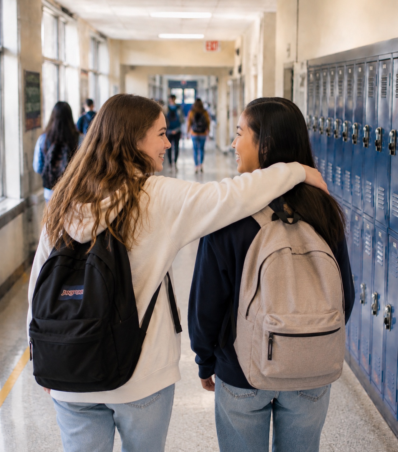 Deux élèves marchent côte à côte dans un corridor d’école, bras dessus bras dessous, en se souriant.