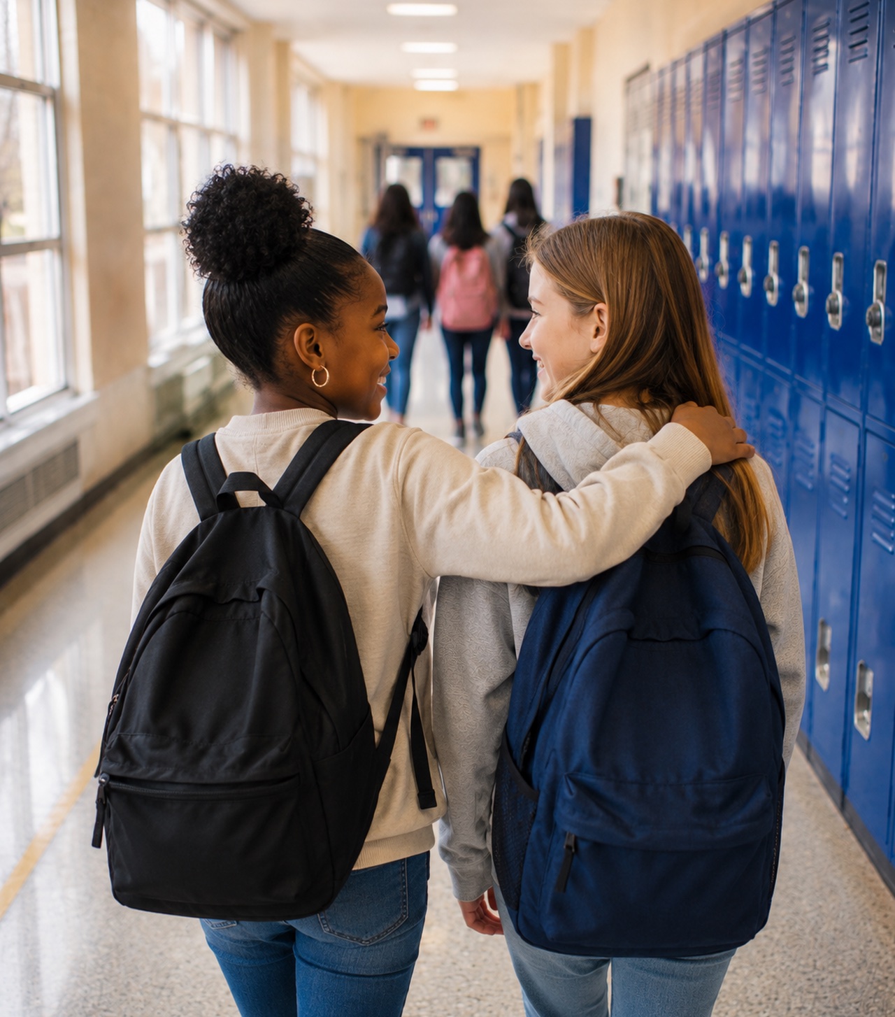 Deux élèves marchent ensemble dans un corridor d’école; l’une a le bras sur l’épaule de l’autre et tous deux sourient.